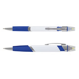 A highlighter pen featuring a sleek design with blue and white accents, equipped with a clip and a retractable tip.