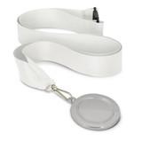 A silver podium medal with a 50mm round design attached to a white ribbon.