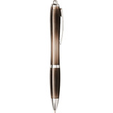 A grey and silver ballpoint pen with a sleek design and a logo on the barrel.