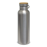A drink bottle with a sleek stainless steel finish and a wooden cap, designed for durability and style.