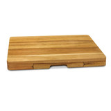 A wooden cheese board in shades of light and dark brown, featuring a sliding compartment for knives.