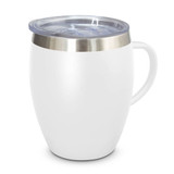 A drink bottle in white with a silver band and a clear lid, featuring a handle. logo present on the cup.