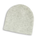 A grey cable knit beanie with a soft texture and a fitted design. It features a logo on the side.