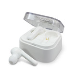 White Bluetooth earbuds in a charging case. The case has a transparent lid and features a logo on top.