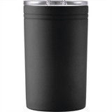 A drink bottle in matte black with a transparent lid, featuring a branded design.