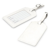 Aero Luggage Tag in white, featuring a clear identification panel and a metal attachment clip.