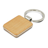 A square wooden key ring with a silver metal keychain. The wood has a natural, light brown finish.