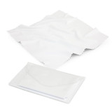 A white microfibre cleaning cloth neatly folded in a clear pouch, featuring a textured edge.