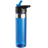 A drink bottle in vibrant blue with a black lid and straw, featuring a silver band. It has a logo on the side.