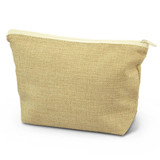 A beige cosmetic bag with a zip closure, featuring a textured fabric and a simple design. It has a branding logo.