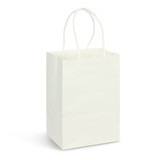 A small, white paper carry bag with twisted handles, suitable for promotional use.
