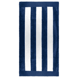 A navy blue and white striped beach towel with a logo on one corner. Perfect for leisure and outdoor activities.