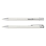 A metal pen set in white with silver accents, featuring a sleek design and a clip. Logo present on the pen.
