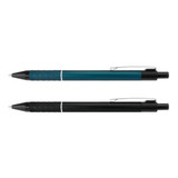 A metal pen set featuring a teal pen and a black pen with textured grips and clips, both with branding.