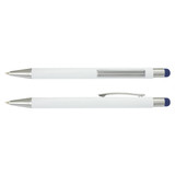White barrel stylus pen with a silver clip and a blue rubber tip for touchscreen use. Features a branding logo.