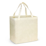 A natural look tote bag in a light cream colour with sturdy handles and a square shape. It has a logo on one side.