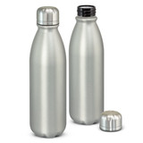 A drink bottle duo in matte silver aluminium, featuring one bottle with a screw-on lid beside it.