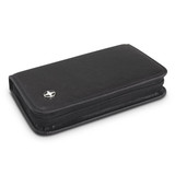 A black manicure set case with a zip closure, featuring a logo on the front.