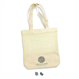 A cream cotton tote bag featuring a mesh panel and a logo on the lower section. It has two shoulder straps.