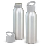 A drink bottle in silver aluminium with a grey plastic cap, featuring a loop handle for easy carrying.