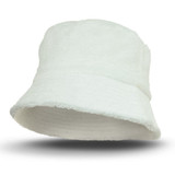 A white terry towelling bucket hat with a branded logo, featuring a wide brim and soft texture.