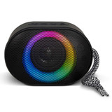 A black outdoor Bluetooth speaker featuring a multicoloured LED ring and a woven strap.