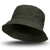 An olive green oilskin bucket hat with a wide brim and a simple design, featuring a logo on the side.