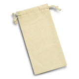 A cotton drawstring pouch in a light cream colour, featuring a simple design and a drawstring closure.