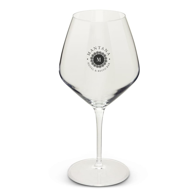 A clear, elegant wine glass with a tall stem, featuring a logo on its side. Suitable for serving various wines.