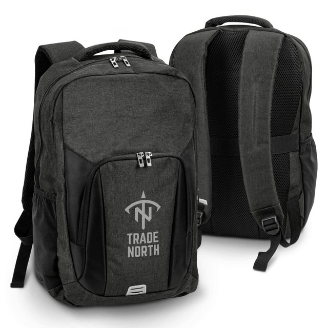 A dark green backpack with black detailing and a logo on the front, featuring adjustable straps and multiple compartments.
