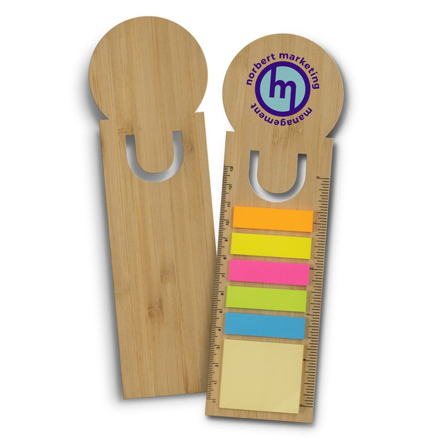 A bamboo ruler bookmark in natural colour with a round top and multiple coloured sticky notes. Features a logo.