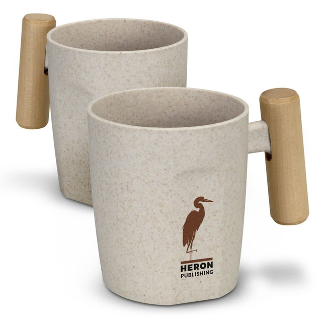 A beige coffee mug with a wooden handle and a logo on the front, featuring a speckled finish.