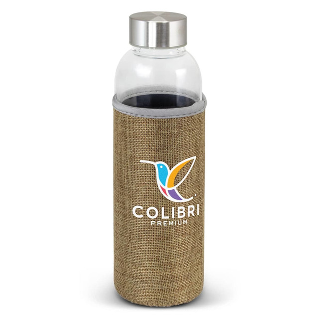 A drink bottle with a clear glass body and a natural burlap sleeve, featuring a logo on the sleeve.