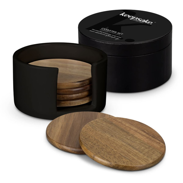 A round coaster set in various shades of brown, housed in a black circular box with a logo.