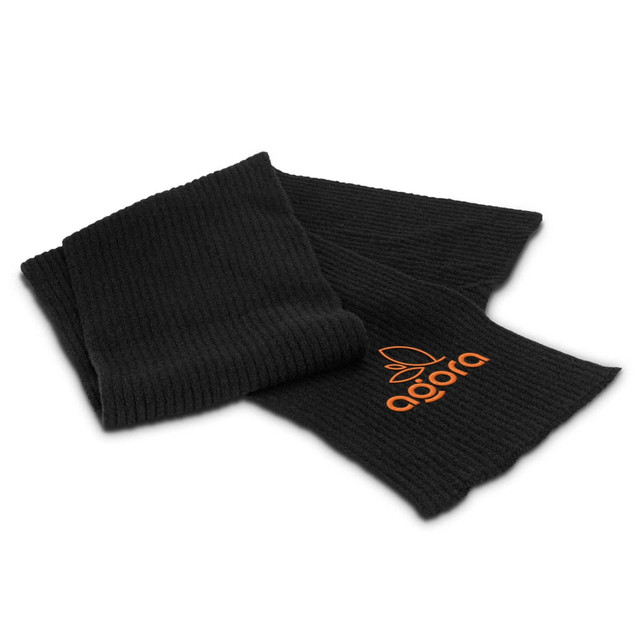 A black brushed scarf with a ribbed design and an orange logo.