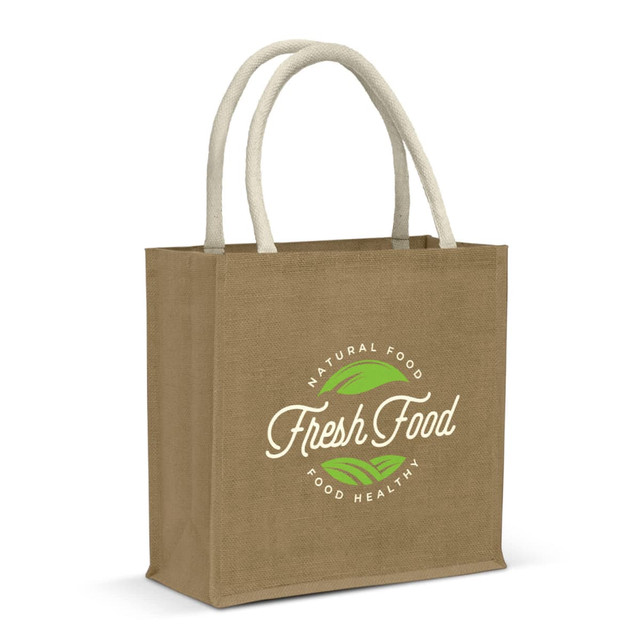 A tan jute tote bag with natural fibre handles and a logo featuring green leaves and text.