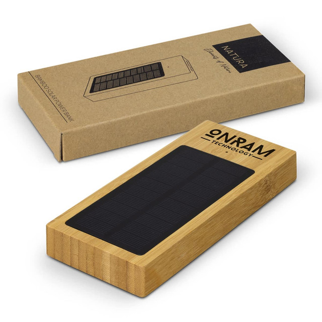 A bamboo solar power bank in earthy tones, presented in a cardboard box featuring a logo.