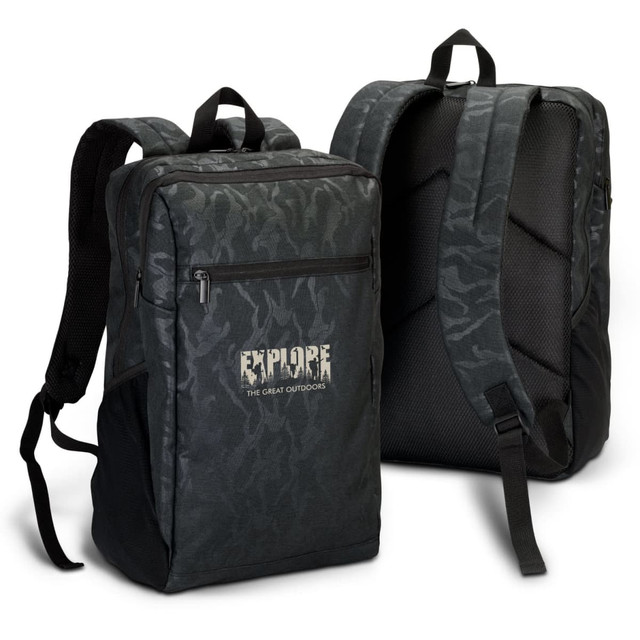 A dark green camouflage backpack with padded shoulder straps and a logo on the front. Features zippered compartments.