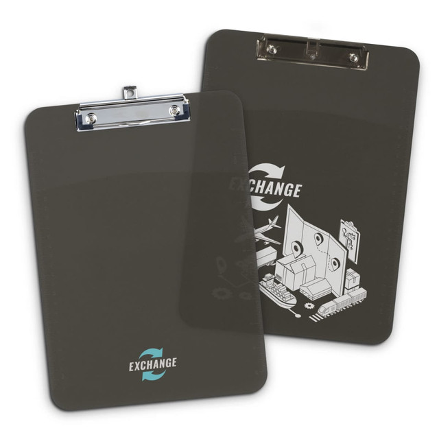 A dark grey clipboard with a metal clip, featuring a design that includes an illustration and a logo.