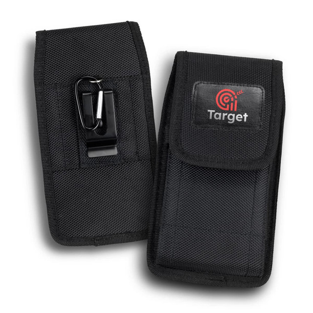 A black phone pouch with a clip and a branded logo, featuring a textured material and a flap closure.