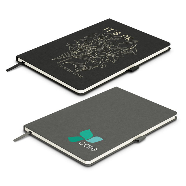 A black notebook with a floral design on the front and a grey back cover featuring a logo.