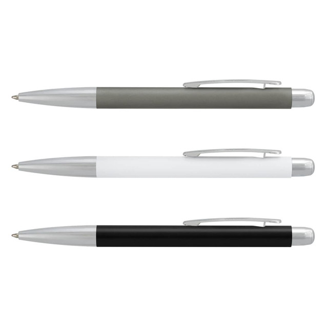 A set of three metal pens in black, white, and grey, each with a silver clip and tip.