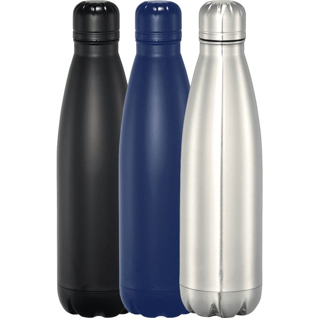 A drink bottle set featuring three colours: black, navy blue, and stainless steel, with a logo on each.