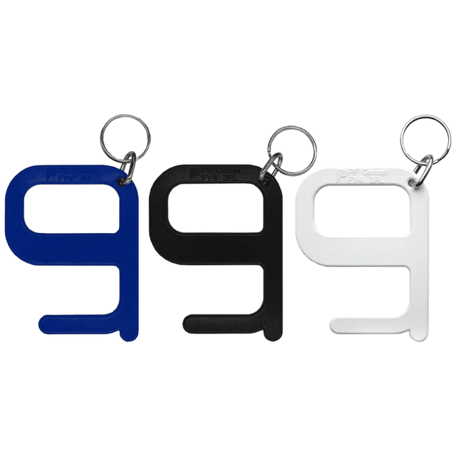 A set of three Hygiene Keys in blue, black, and white, each attached to a keyring.