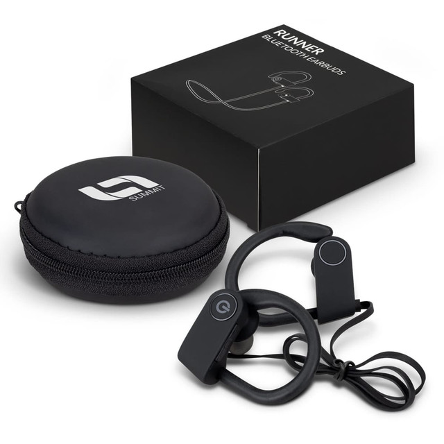 Runner Bluetooth earbuds in black with a small round carrying case and packaging. Earbuds have a distinctive design.