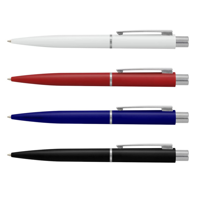 A collection of four plastic pens in white, red, blue, and black, each featuring a silver clip and trim.