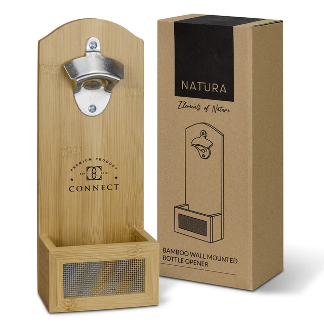 A drink bottle opener made of bamboo, featuring a metal cap catcher and a branded box.