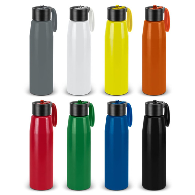 A drink bottle collection featuring ten aluminium bottles in grey, white, yellow, orange, red, green, blue, and black, each with a black lid and handle.