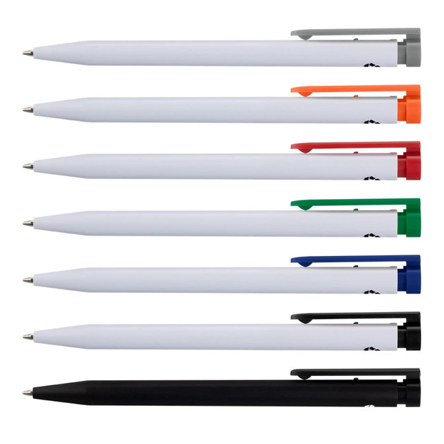 A collection of recycled plastic pens in white with assorted coloured clips: grey, orange, red, green, blue, and black.