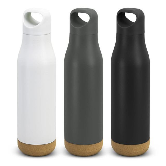 A drink bottle collection featuring white, olive green, and black bottles with a cork base and a handle. Each bottle has a logo.